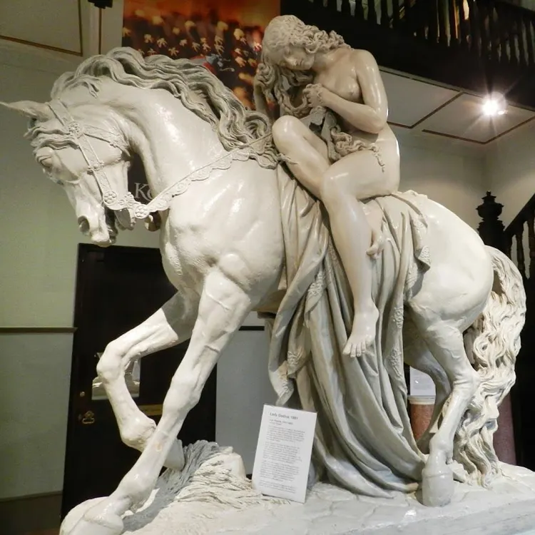 חיים גודל לבן השיש ליידי גודייבה פסל סקסי ילדה עם סוס פיסול