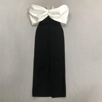 Robe de soirée de luxe élégante noire à épaules dénudées, longue, ornée de strass, moulante, avec grand nœud blanc