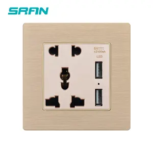 SRAN evrensel 5 pin soket 2 + 3 pin 13A 220V çift usb fişi DC 5V 2.1A siyah alüminyum anahtar priz