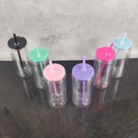 Gobelets en plastique transparent de 16 oz pour globe à neige, en acrylique à double paroi, pré-percés, avec couvercles colorés et paille, entrepôt américain
