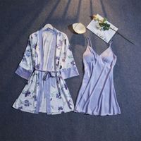 Chemise de nuit d'été sexy en soie imprimée de motifs floraux Pyjamas pour femmes Ensemble deux pièces