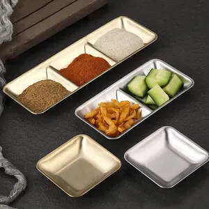 Korean Stainless Steel 304 Rectangular Sauce Dish Divided Seasoning Dish BBQ Plate For Spices Say Sauce