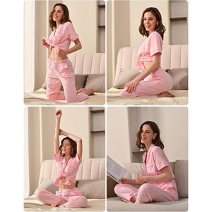 Pijamas personalizados 100% algodón para mujer, conjunto de 2 piezas con botones, manga corta con bolsillos, ropa de dormir suave, ropa de estar por casa, pijamas de bambú. - Product Image 5
