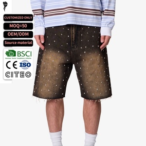 Shorts en jean baggy pour hommes, dégradé, délavé vintage, orné de strass, à ourlet effiloché, style streetwear, personnalisable OEM - Product Image 1