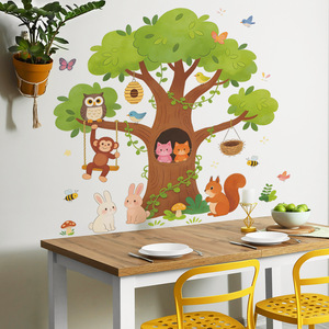 Autocollant mural <span class=keywords><strong>grand</strong></span> <span class=keywords><strong>arbre</strong></span> en PVC auto-adhésif, motif animaux de dessin animé, idéal pour chambre d'enfant et crèche - Vente chaude - Product Image 1