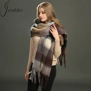 Fashion Many Color Options Large Oversize Winter Scarves Cape Shawl Check Acrylic Oblong Chunky Fringe Women Fluffy Plaid Scarf