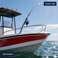 Bateau de pêche récréative 4,3 m en PRV, coque en V à 14 degrés, 4 personnes, 60 CV max, pour côte, port, lac, console centrale, T-Top, pare-brise