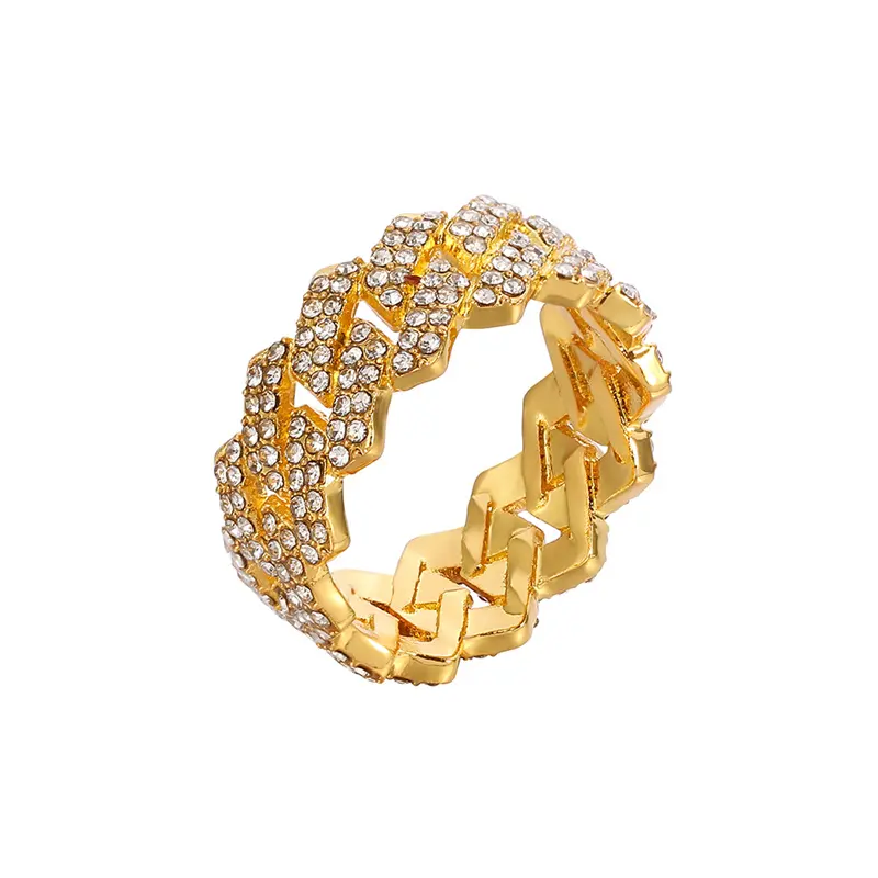 Nieuwste Populaire Hiphop Cocktail Ring Vergulde Micro-Pave Cz Twee Rij Cubaanse Link Vintage Stijl Zinklegering Jubileumfeest