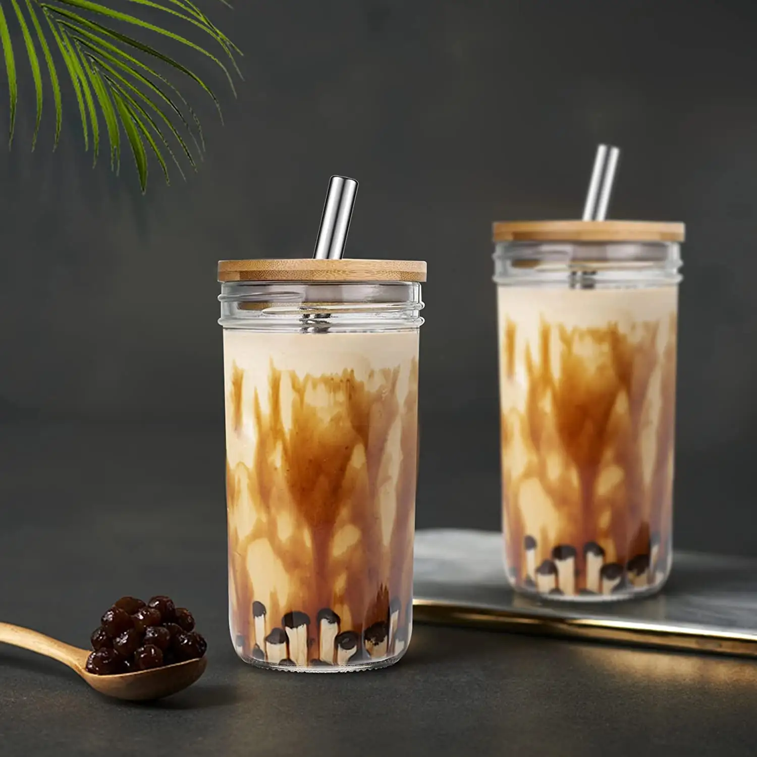 Vente en gros de gobelet à smoothie en verre gobelet à bulles pot Mason tasse à thé à large ouverture 24oz café glacé avec couvercle en bambou et paille