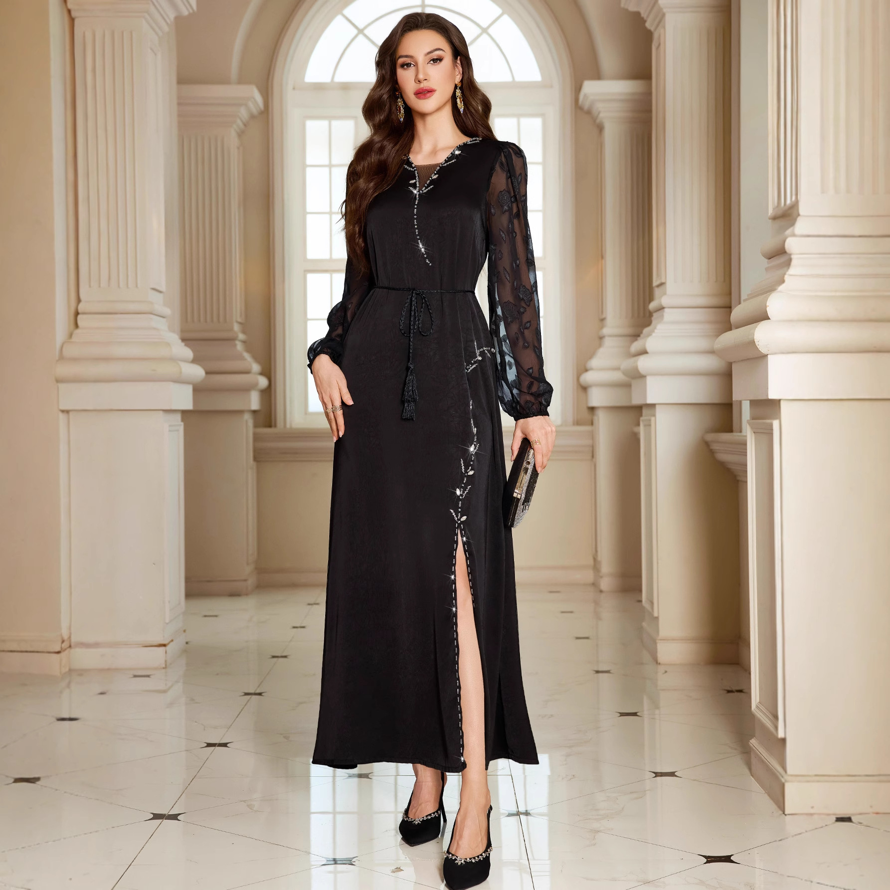 sachin and babi light blue dress Black dress with embroidered sheer sleeves main image 1