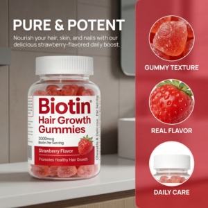 Gomitas con Sabor a <span class=keywords><strong>Fresa</strong></span> para Mejorar la Piel Seca, Nutrir los Folículos y Fortalecer las Raíces del Cabello con Biotina para el Crecimiento del Cabello - Product Image 3