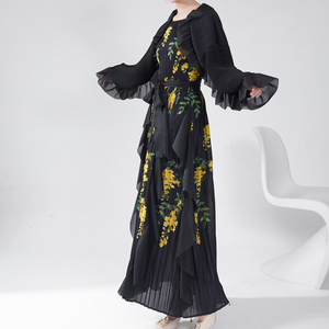 2025 Mới Nhất Cổ Điển Hoa Cascading Ruffle In Pleated Ăn Mặc Phụ Nữ Miễn Phí Kích Thước Midi Chiều Dài Vành Đai Thanh Lịch Ăn Mặc Đặt Hàng Mô Hình - Product Image 3