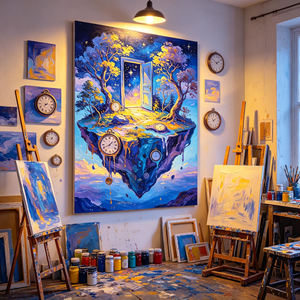 Dipinto a Olio Surrealista Paesaggio Onirico, Isola Fluttuante con Porta e Orologi, <span class=keywords><strong>Arte</strong></span> Murale per Arredamento Moderno - Product Image 4