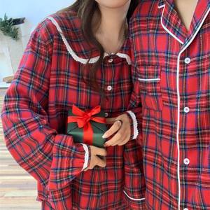 Nouvelle collection coréenne automne-hiver style Noël, ensemble pyjama couple en tissu brossé chaud et doux avec bordure en dentelle - Product Image 4