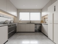Meubles de cuisine modulaires modernes Lesso Home haut de gamme avec finition laquée PET brillante, robinet en verre marbré pour évier d'appartement