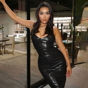 Autunno nuova moda autunno abbigliamento autunnale <span class=keywords><strong>marrone</strong></span> <span class=keywords><strong>pelle</strong></span> Midi abiti aderenti da donna Club Sexy <span class=keywords><strong>abito</strong></span> a matita - Product Image 3