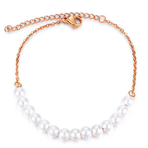 Faux Pearl <b>Bracelet</b> Rose Gold Chain White Pearls Unisex Everyday Wear <b>Adjustable</b> Jewelry - Product Image 1
