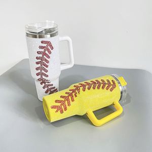 Trendy Baseball Print Rhinestone Bling 40oz <b>Yellow</b> White Double Walled Stainless Steel Tumbler with Lid and Straw - Product Image 1