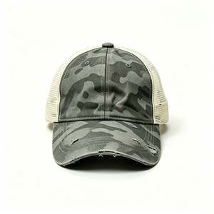 Distressed Camo Canvas Trucker <b>Hat</b> Washed Mesh Back Trucker <b>Cap</b> Vintage Ripped Curved Brim Outdoor Fashion Custom Logo - Product Image 2