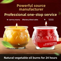 Lilin Mentega Bentuk Teratai Miaoh 24 Jam, 48 Buah, Warna Merah Kuning Multiwarna dengan Pinggiran Datar, Dikemas dalam Gelas, Semi-Handmade