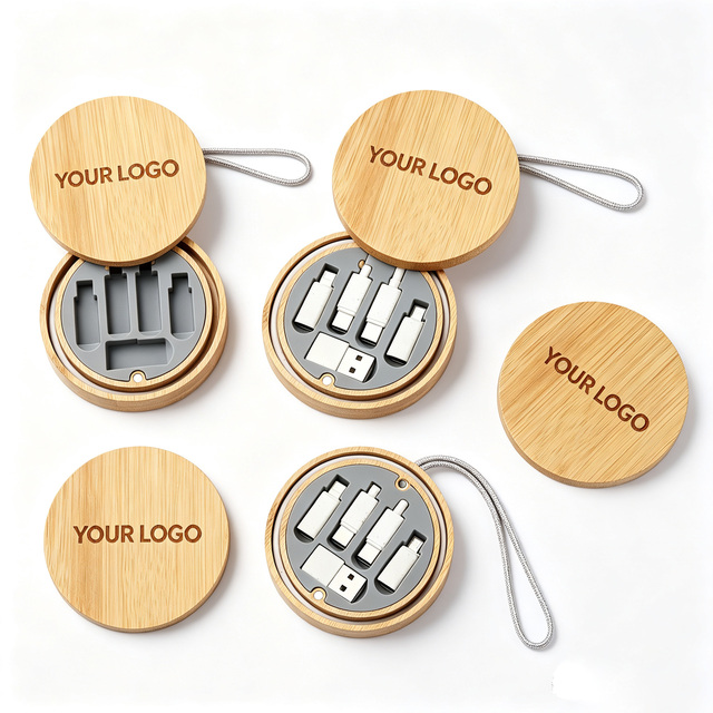 Wholesale Custom Logo Eco Wheat Straw Bamboo Multi USB Charging Cable Set 60W Fast Charging Magnetic Round Storage Box