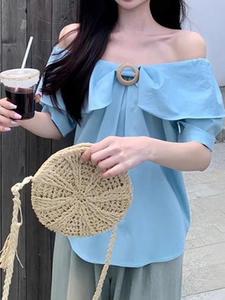 Ropa de mujer, moda de verano, informal, Color sólido, cuello oblicuo, para mujer, temperamento que combina con todo, cárdigan holgado versátil de manga corta - Product Image 2