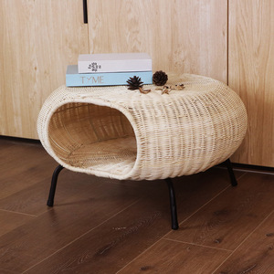 <b>Rattan</b> Coffee <b>Table</b> Round <b>Small</b> Storage Basket Pet Cat Bed Scandinavian Style Handmade With Black Metal Legs - Product Image 1