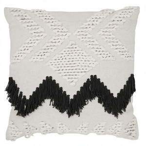 Bohemian Geometric Throw <b>Pillow</b> Square Cotton Textile Tufted Embroidery Non-Toxic <b>Black</b> Tassel Removable Washable Decorative - Product Image 1