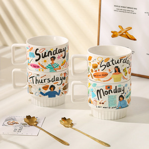Tasse en céramique Cartoon Week avec couvercle et cuillère, grande capacité, pour café et eau, cadeau créatif, tasse de bureau pour étudiant - Product Image 2