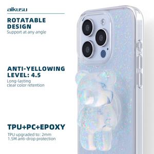 Résine époxy recyclée Ours de dessin animé brillant TPU PC Antichoc pour étui de téléphone Support de téléphone transparent pour iPhone 15 Pro Max - Product Image 2