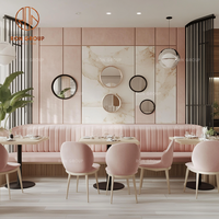 Ensemble de meubles de restaurant, banquette rembourrée rose, tables circulaires en marbre et chaises blush, ensemble de salle à manger commerciale