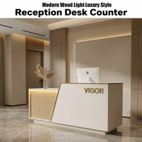 Bureau d'accueil moderne blanc avec éclairage LED, comptoir de réception minimaliste en bois à lattes verticales pour bureau, salon ou clinique