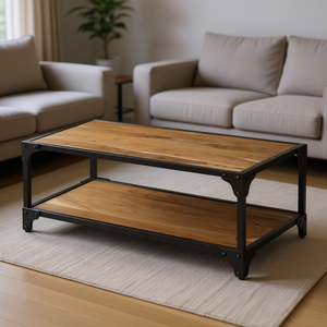 Tavolino da Caffè in Legno di Acacia con Struttura in Ferro Verniciato a Polvere, Arredamento Moderno Industriale per Soggiorno - Product Image 2