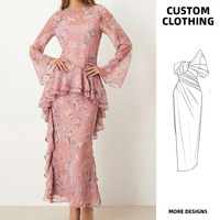 Robe longue élégante en mousseline rose à volants et taille peplum, à manches longues, pour invitée de mariage, impression personnalisée ODM, pour femme