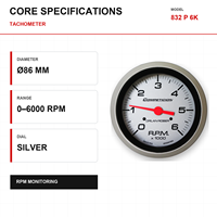 MrGauge 86mm Elektronik 832 P 6K Tachometer Gauge 0-6000RPM Bezel Perak Seri Kompetisi Mobil Balap RPM Tacho Meter