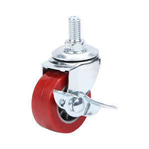 Polyurethane Caster Wheels 1.5 Inch Swivel With Brake Red Wheel Ball Bearing For Furniture Industrial Use - Product Image 4