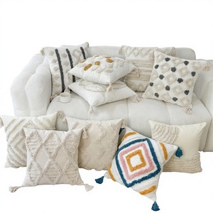 Housse de coussin portable 18x18 pouces en coton tufté, motif floral géométrique vintage bohème nordique, avec pompons, pour décoration de maison de style ferme - Product Image 2
