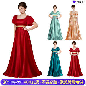 Robe de soirée vintage Bridgeton Regency en satin de soie, manches bouffantes, longue, coupe trapèze, taille empire, col carré - Product Image 3