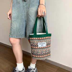 New Custom Printed Polyester Button Closure Tote Bag Large Capacity Women's Ethnic Style Artistic Bucket <b>Handbag</b> - Product Image 4