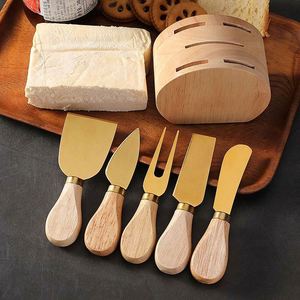 New Design 5 Pieces Gold <b>Cheese</b> <b>Knife</b> <b>Set</b> Wooden Handle <b>Cheese</b> <b>Knife</b> Fork Butter <b>Knife</b> with Wooden Holder - Product Image 2