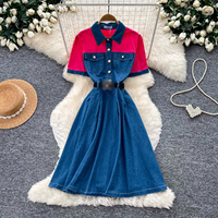 Robe décontractée en jean patchwork pour femmes, manches courtes, col rabattu, ceinture, robe midi style A pour un usage quotidien, robes décontractées