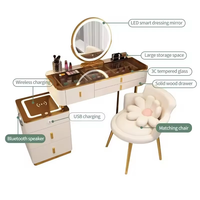 Coiffeuse moderne pliable en chêne massif avec miroir lumineux, station de charge sans fil, quincaillerie en acier inoxydable et tabouret