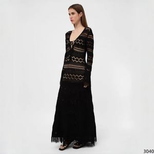 Robe longue sexy en dentelle ajourée, col en <span class=keywords><strong>V</strong></span>, à nouer devant, ourlet à franges, moulante, pour cocktail, coupe ajustée pour femme, ensemble <span class=keywords><strong>pull</strong></span> - Product Image 2