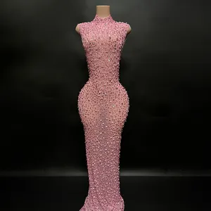 NOVANCE wholesale products glittering crystals sleeveless high neck pink gown long dresses women for evening paty red carpet