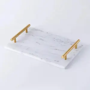 15.7*7.8 Inch 40*20cm Rectangular Marble Tray Serving Tray With Gold Metal Handle