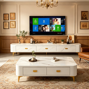 Set di Lusso con Mobile TV <span class=keywords><strong>in</strong></span> Legno e Marmo, Tavolino da Salotto con Vano Portaoggetti, <span class=keywords><strong>Arredamento</strong></span> per Interni - Product Image 4
