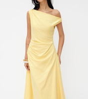 Robe midi asymétrique jaune citron à une épaule, taille froncée, coupe trapèze, pour demoiselle d'honneur et invitée de mariage