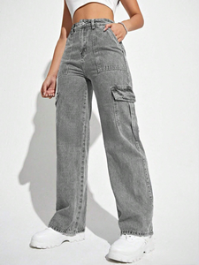 Pantalones Cargo Bajos de Mezclilla para <span class=keywords><strong>Mujer</strong></span> al por Mayor, Estilo Cool Girl, con Bolsillos, Vintage, de Pierna Ancha, Holgados, de Poliéster/Algodón - Product Image 5