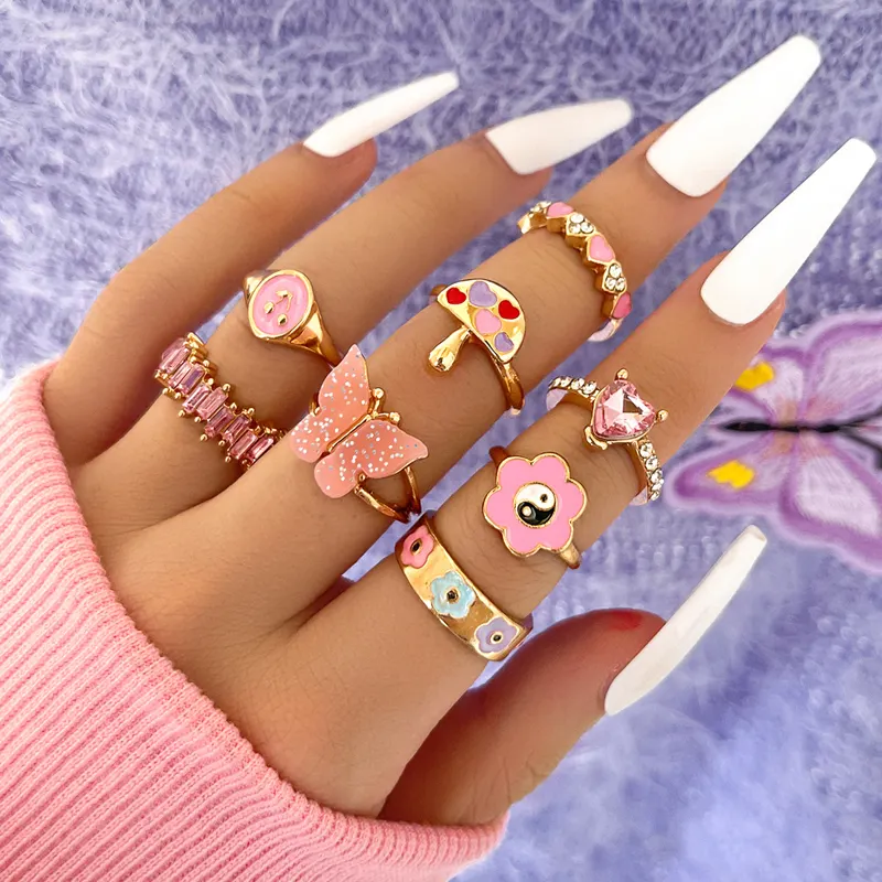 Fashion Macaron Colorful Drop Oil Vintage Butterfly Love Heart Gold Ring Set Ladies Elegant Party Jewelry Accessories
