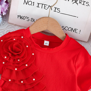 ชุดกระโปรงฤดูร้อนใหม่ปี 2026 สำหรับเด็กหญิงและเด็กเล็ก: เสื้อยืดแขนสั้นปักลายดอกไม้ 3 มิติ + กระโปรงไล่เฉดสี (ชุดสองชิ้น) - Product Image 4